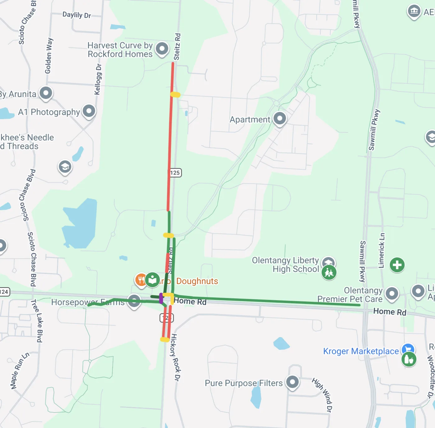 Map of the proposed Steitz Rd shared use path. Red segments mark the proposed path, green segments mark the existing path, yellow markers indicate proposed crossings, and purple markers indicate a crossing project already approved by Liberty Township.